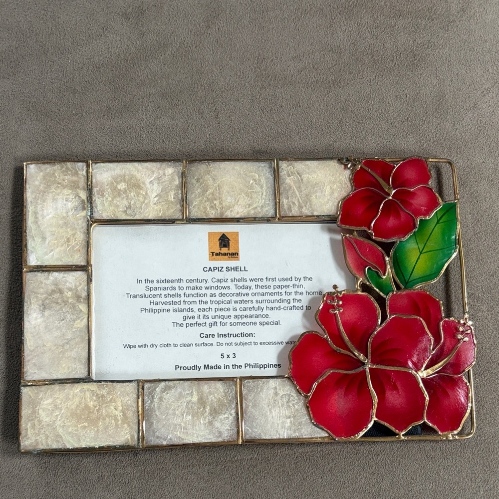 Beautiful Capiz Shell Photo Frame with Red  hibiscus Flowers Accents